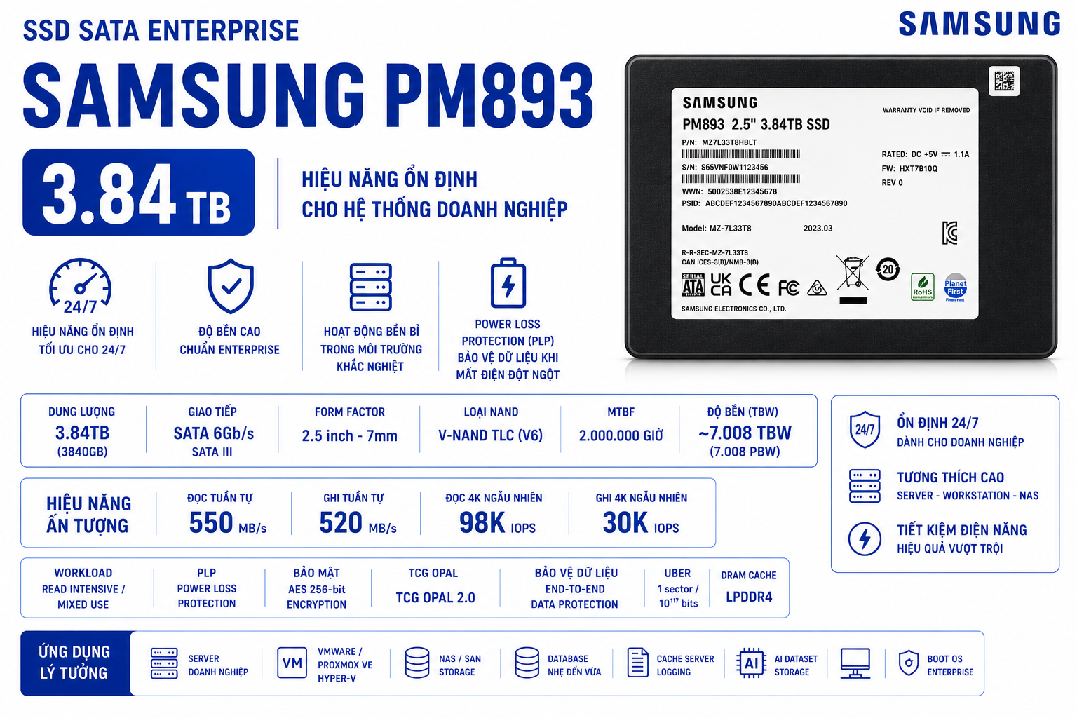 SSD Sata Enterprise Samsung PM893 3.84TB (Used)